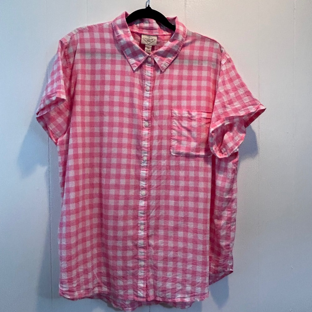 St Johns Bay Pink Gingham Short Sleeve Button Down Shirt Womens XXL Cotton‎